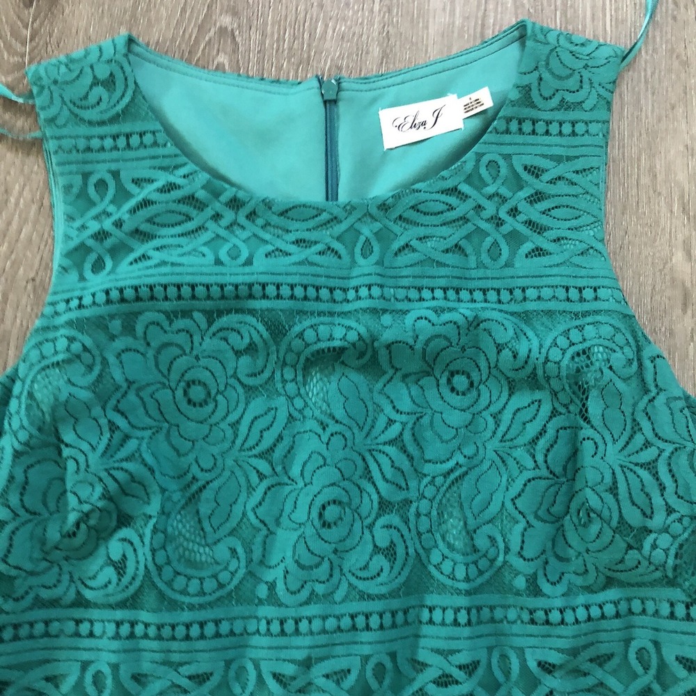 Eliza J Dress 8 Green Lace Overlay Lined Shift Floral Sleeveless‎ Back Zip - Picture 5 of 14